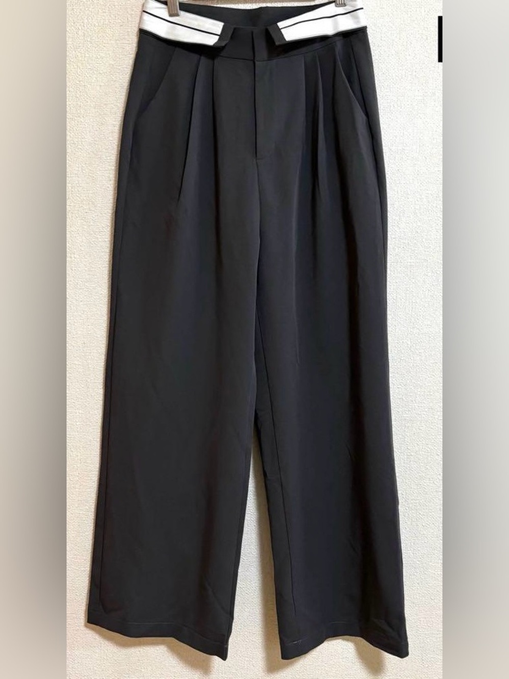 HYFVE Black Wide Leg Pants with White Waistband Detail